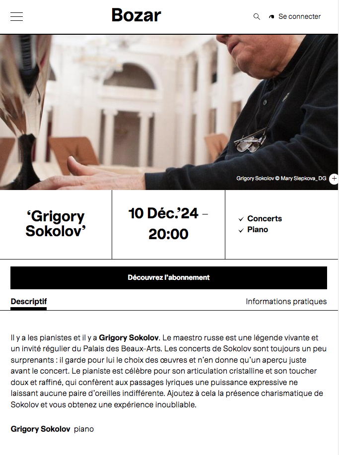 Page Internet. Palais des Beaux-Arts (Bozar). Grigory Sokolov. Concert Récital de piano. 2024-12-10